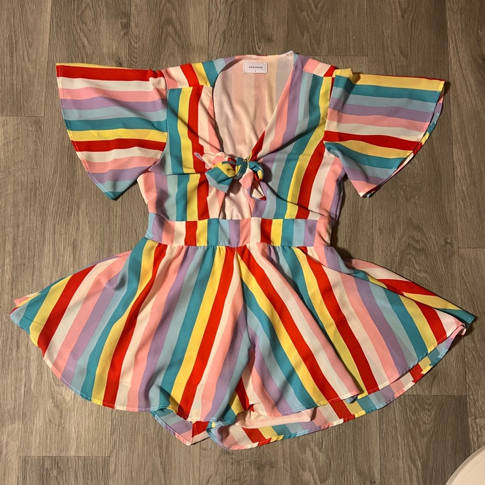 Adrienne Rainbow Stripe Romper from Red Dress boutique front tie romper!